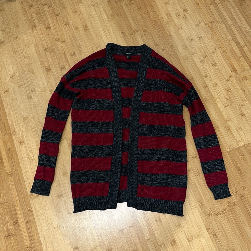 Maroon and gray striped cardigan